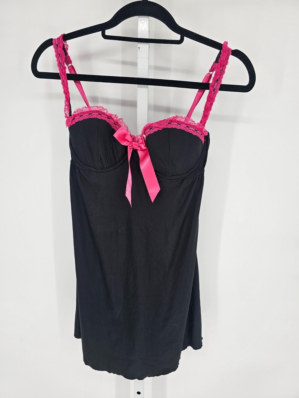 Victorias Secret Sexy Little Things Sz 36B Satin Nightie Black w/ Pink Lace Trim
